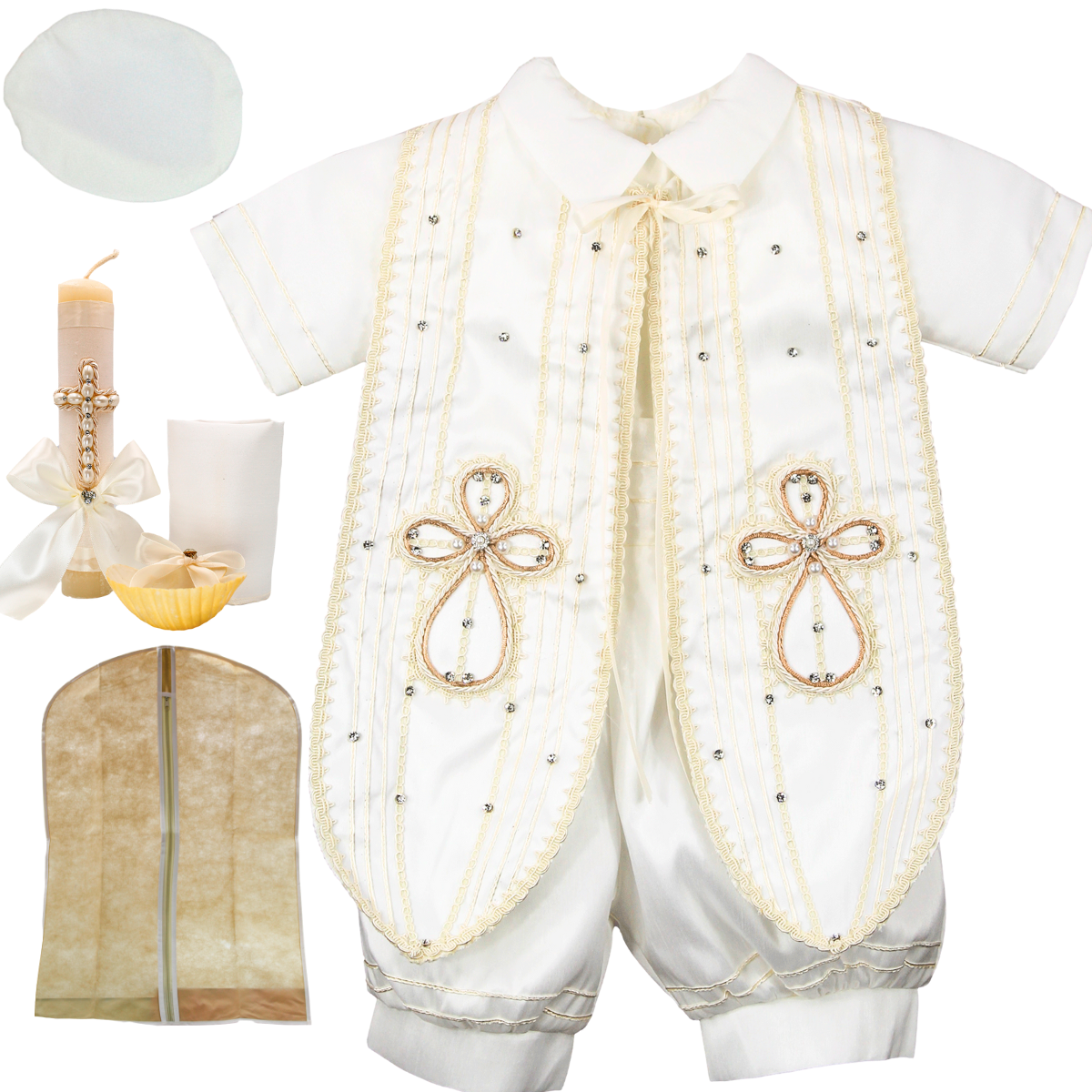 Raje Ropon Bautizo Niño + Kit Vela Trajecito Bebé Iker Beige