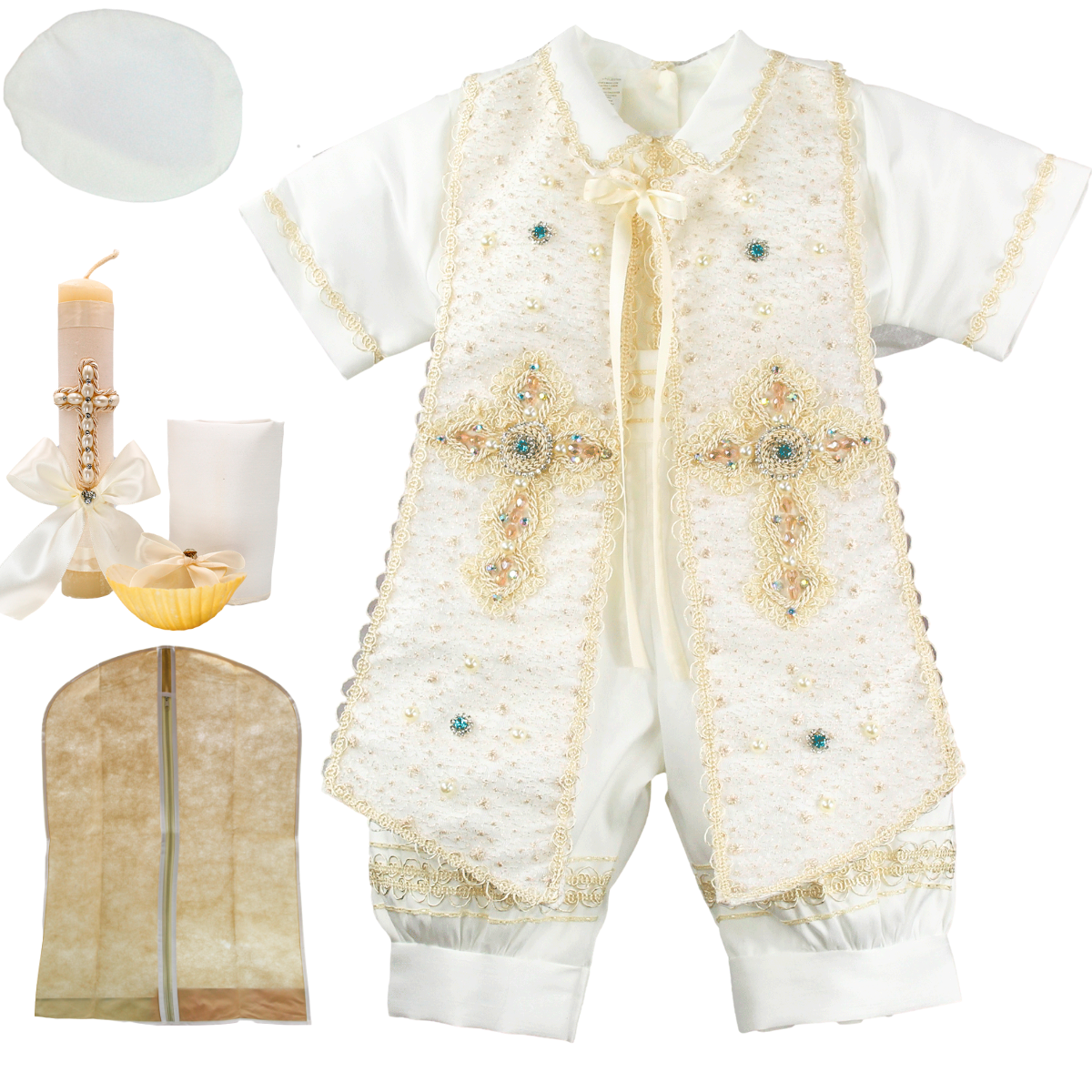 Traje Ropon Bautizo Niño + Kit Vela Trajecito Bebé Mateo Beige