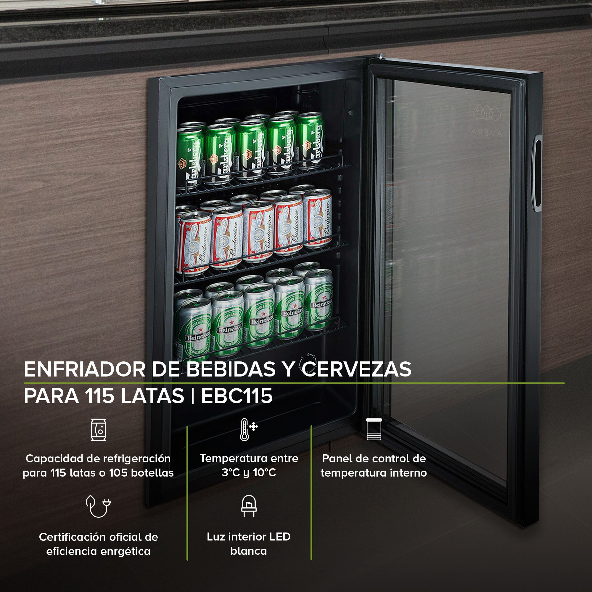 Foto 3 pulgar | Enfriador de Bebidas y Cervezas Avera EBC115 color Negro Capacidad para 115 Latas