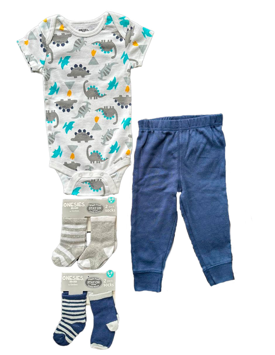 Kit 4 Piezas Bebé Niño Onesies Pañalero  Pantalón Y Calcetines Multicolor Op2196hk