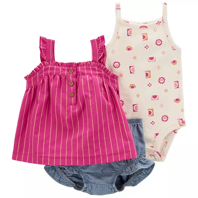 Conjunto Carter's De 3 Piezas Set Bebe Niña Con Cubrepañal Rayas Rosas