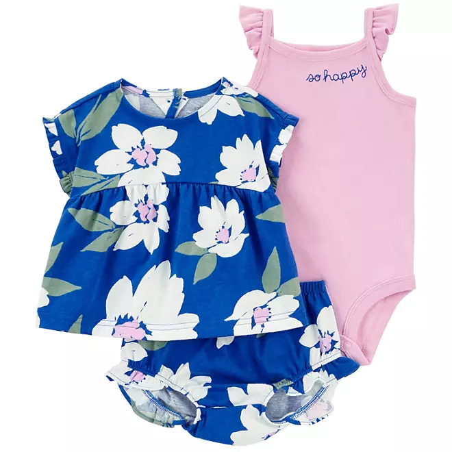 Foto 1 | Conjunto Carter's De 3 Piezas Set Bebe Niña Con Cubrepañal Red Flores Azul