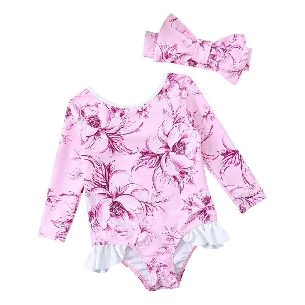 Traje de Baño Kiss Internacional de Manga Larga Flores Incluye Diadema color Rosa $514