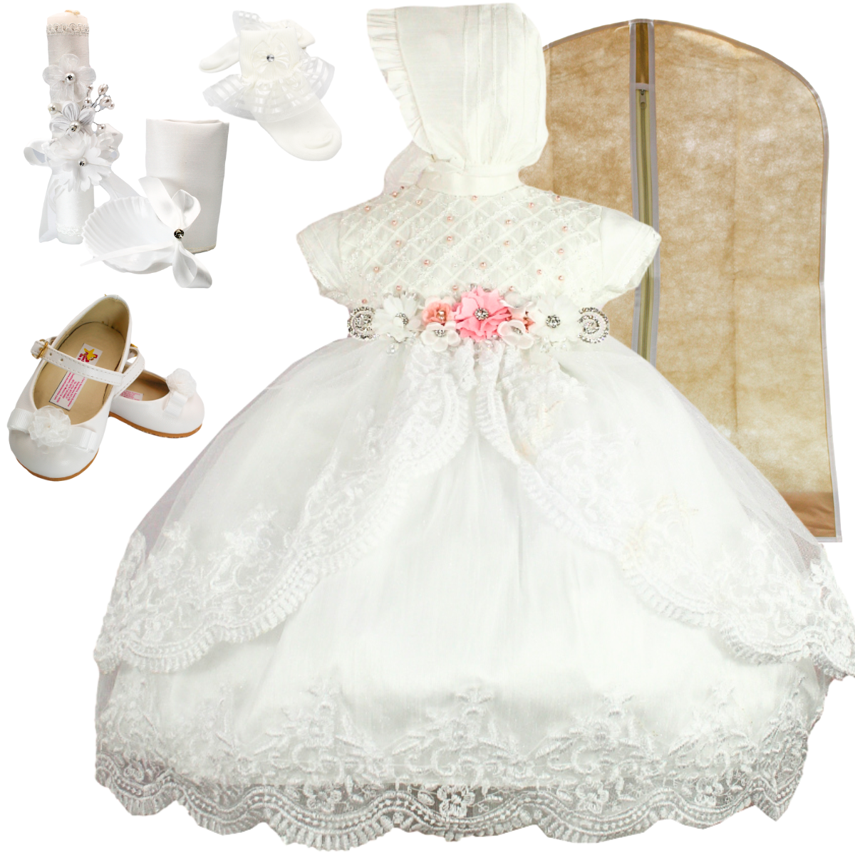Vestido Bautizo Niña  Bordado + Zapatos + Kit De Vela + Calcetas Cecy