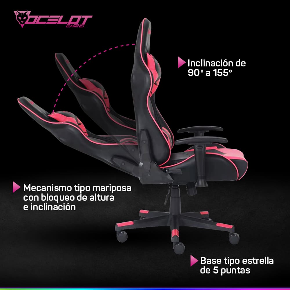 Foto 6 pulgar | Silla Gamer Ocelot Color Rosa Con Negro Ajustable Con Ruedas