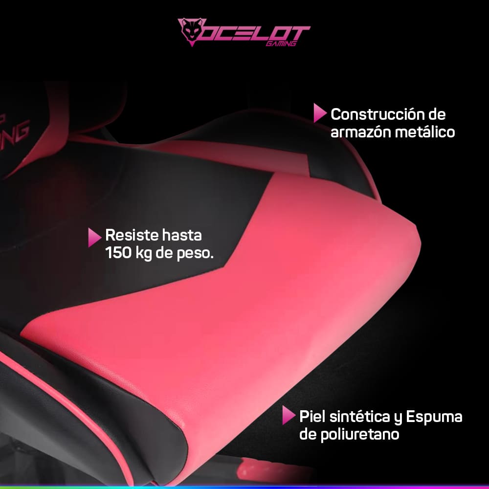 Foto 7 pulgar | Silla Gamer Ocelot Color Rosa Con Negro Ajustable Con Ruedas