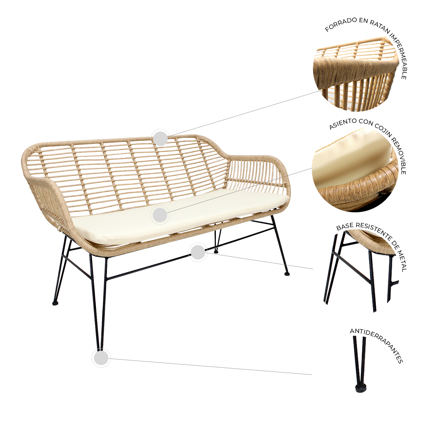 Foto 7 pulgar | Loveseat de Acero y Rattan Mundo In Beige