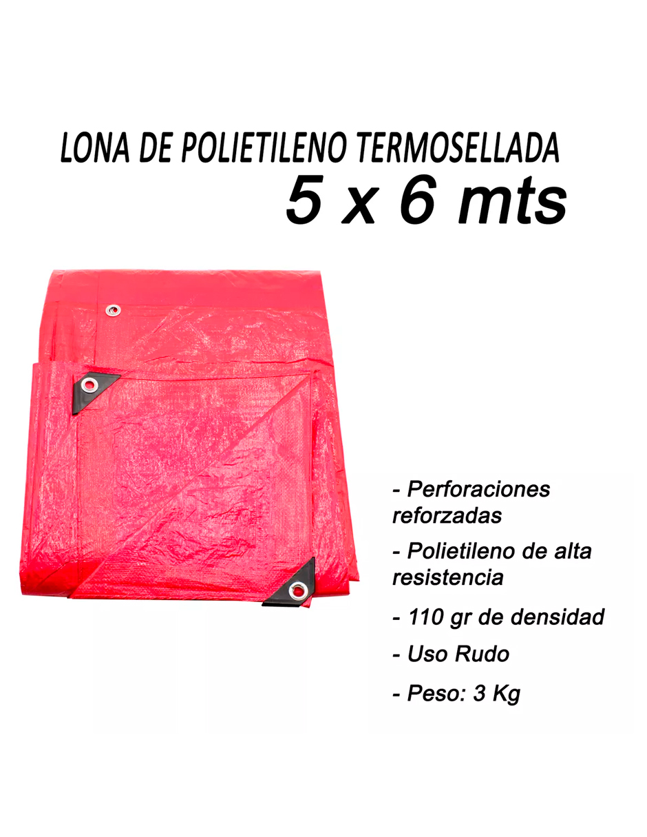 Foto 8 pulgar | Lona De Polietileno Uso Rudo Termosellada Roja 110 Gr 5x6 M