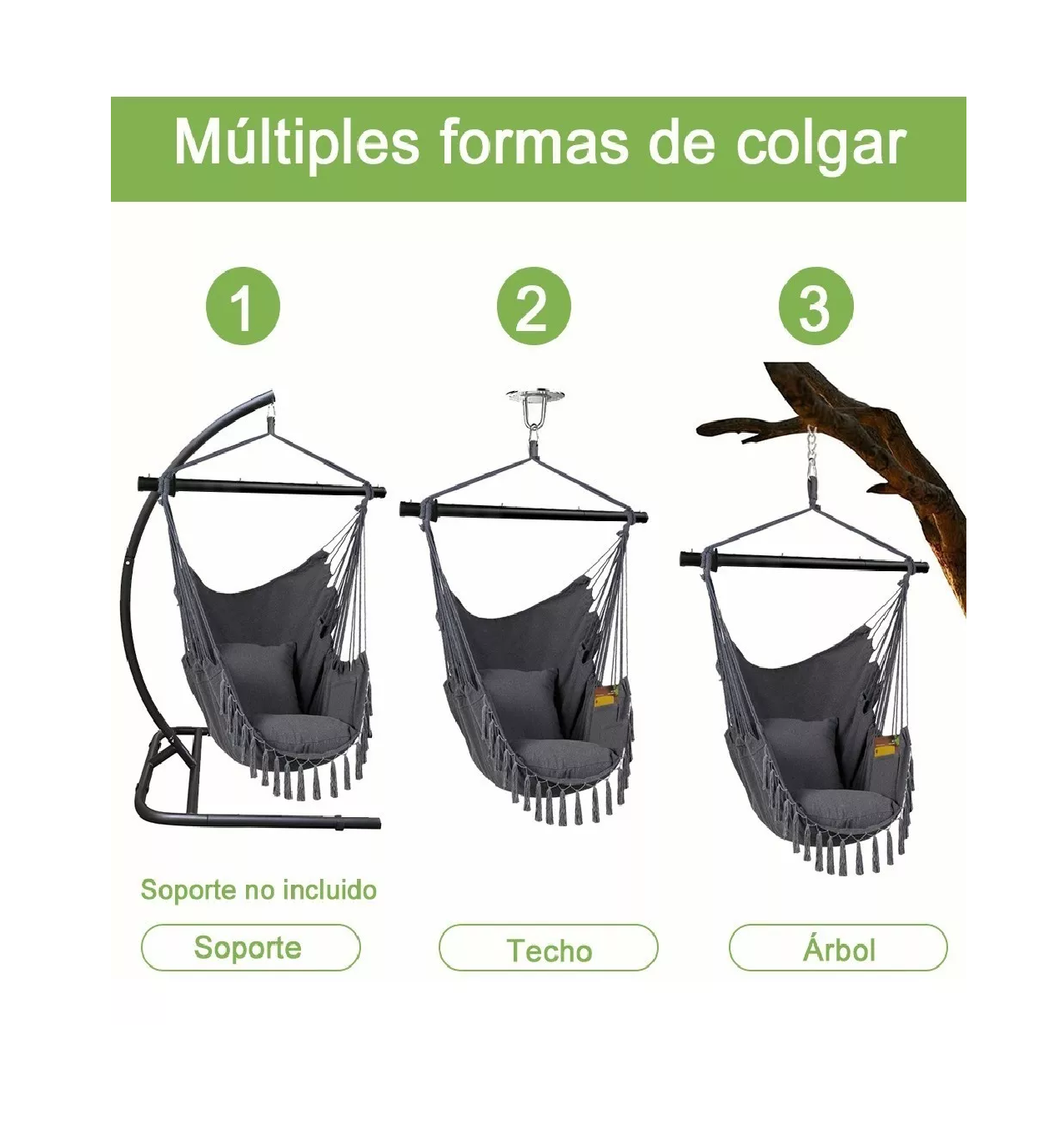 Foto 4 pulgar | Silla Hamaca Colgante + 2 Cojín Gris