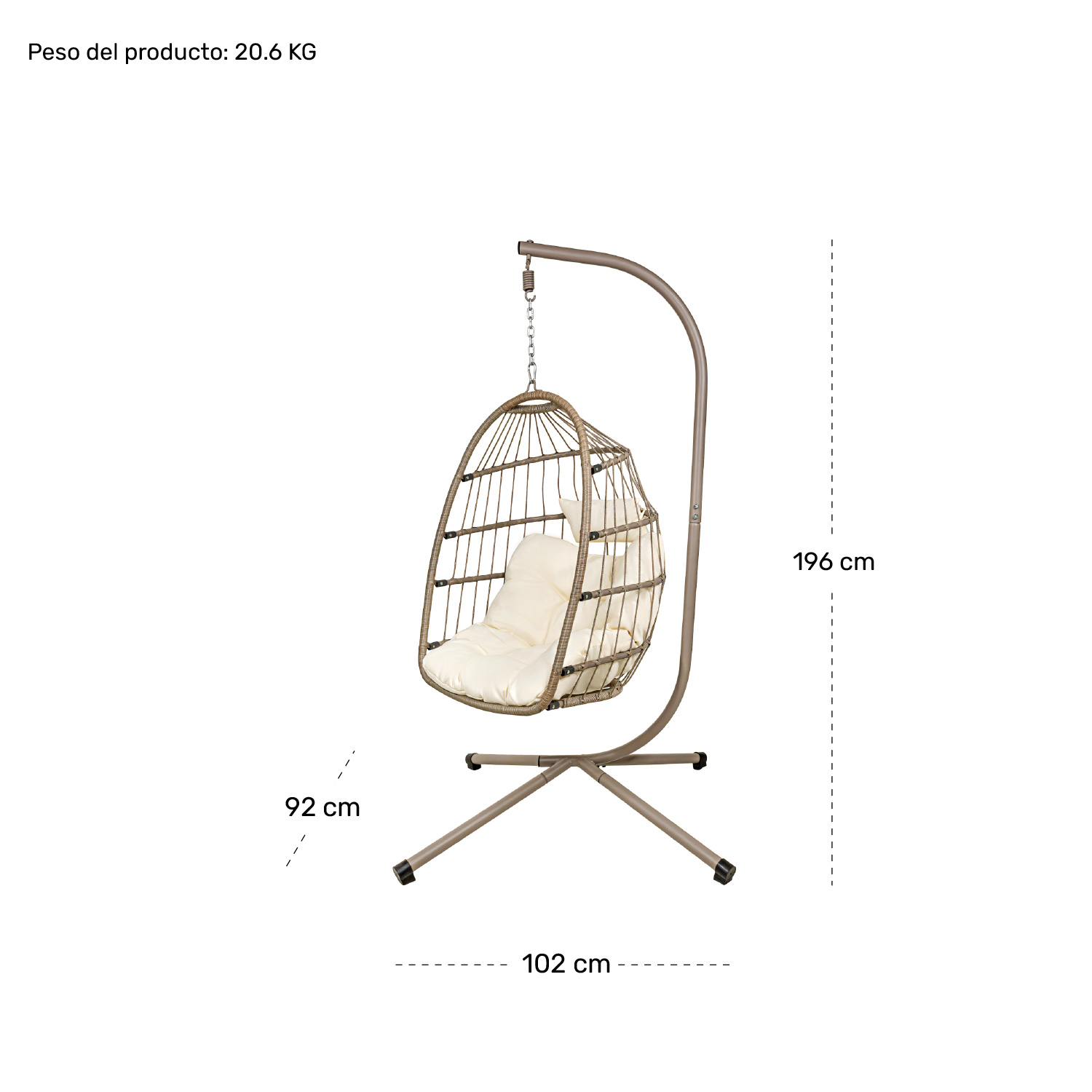 Foto 6 pulgar | Silla Columpio Colgante + Cojines Jardimex Beige