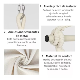 Foto 2 | Silla Hamaca Colgante En Columpio +kit Instalación +2 Cojín Eo Safe Imports Esi-15871 Blanco