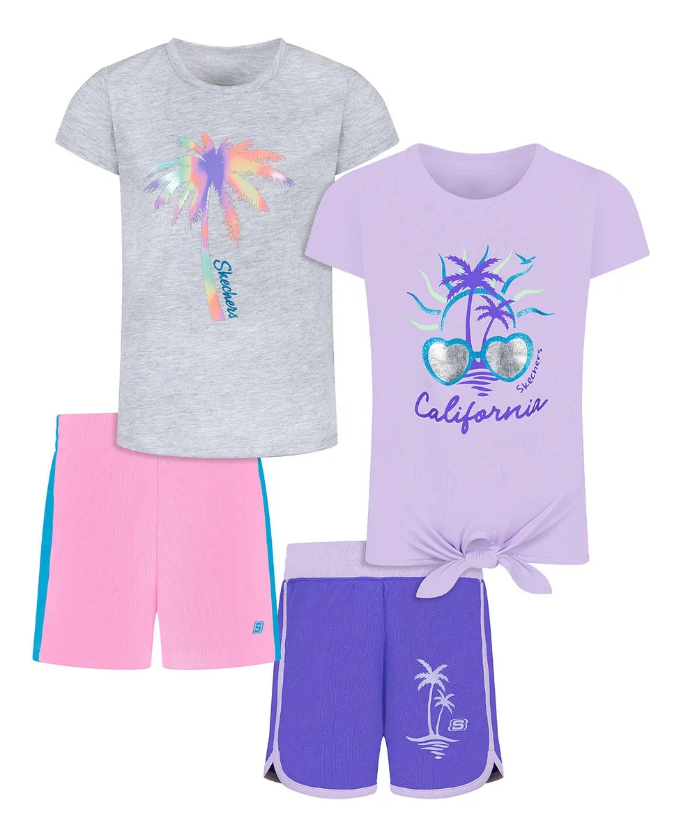 Foto 2 pulgar | Skechers Conjunto Para Niña, 4 Piezas De Camisetas Y Shorts, Cómodos, Perfectos Para Jugar Y Pasear