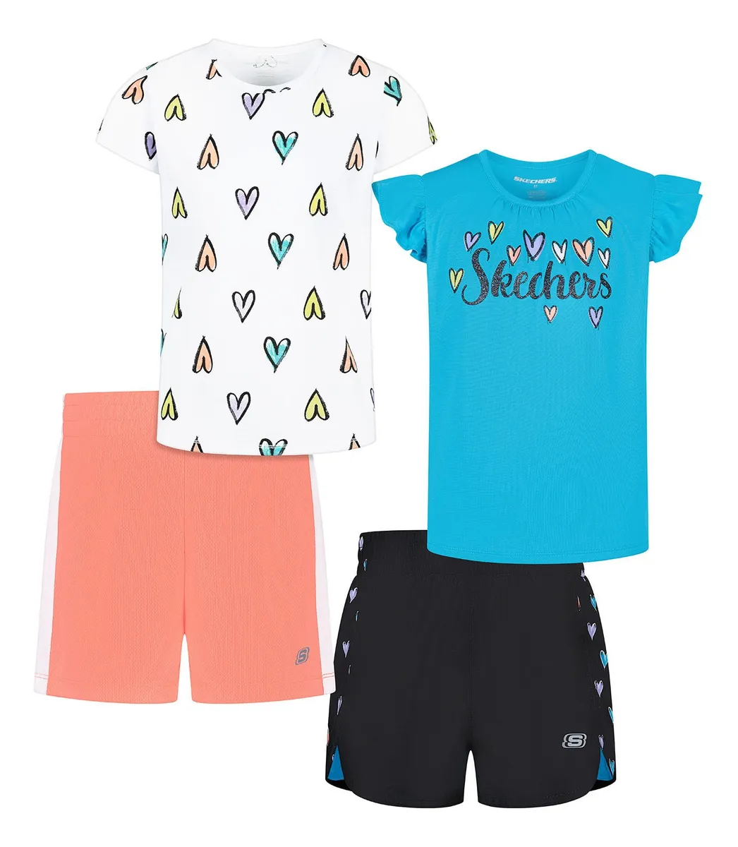 Foto 2 pulgar | Skechers Conjunto Para Niña, 4 Piezas De Camisetas Y Shorts, Cómodos, Perfectos Para Jugar Y Pasear