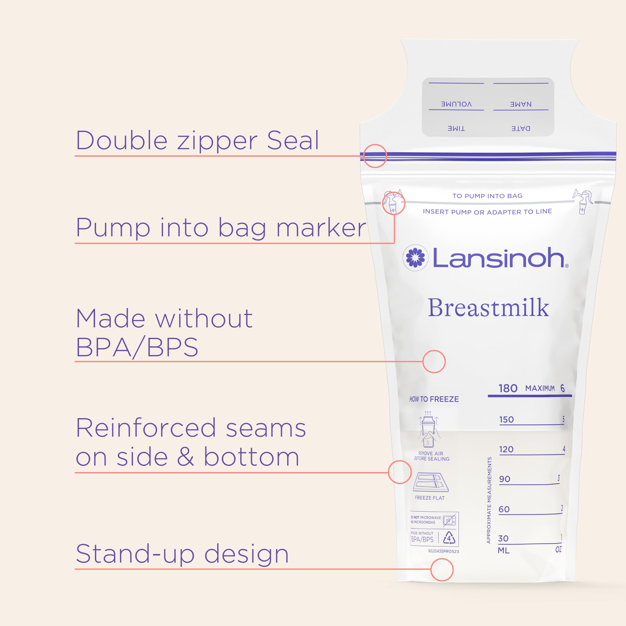 Foto 7 | Bolsas De Almacenamiento De Leche Materna Lansinoh, Paquete Económico De 200 Unidades, 180 Ml - Venta Internacional.