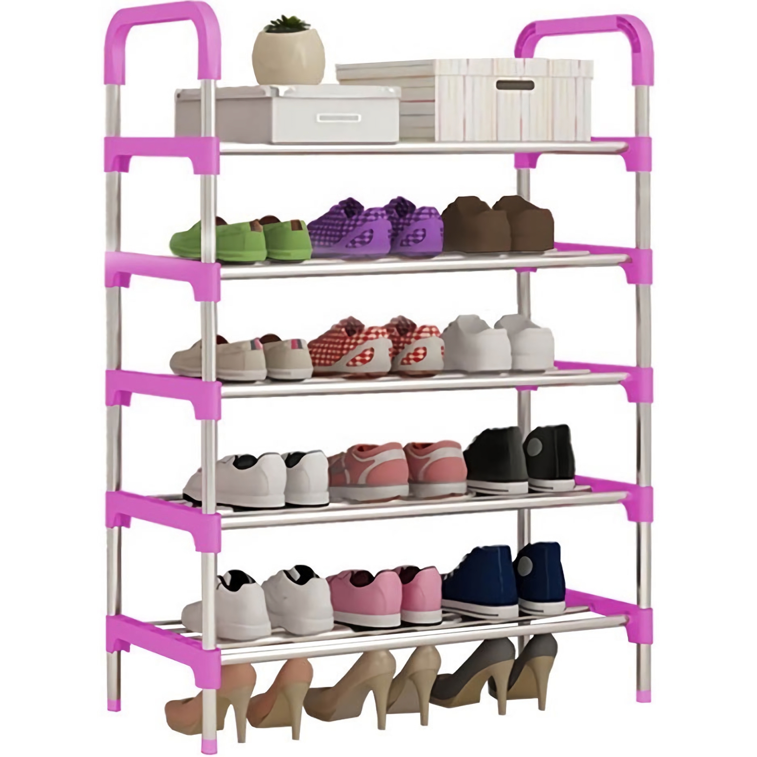 Zapatera Práctica de 5 Niveles con Organizador Rack and Pack Rosa