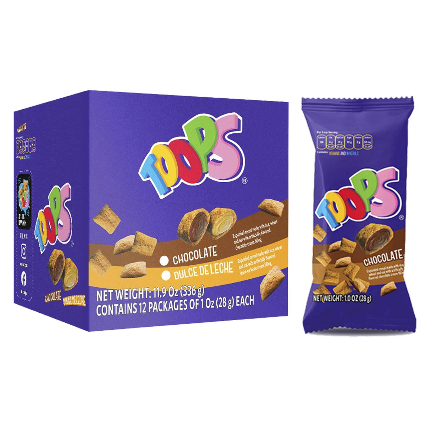 Foto 3 pulgar | Snacks Cereal Relleno Toops Caja con 12 Pzs 28 Grs C/u Sabor Chocolate