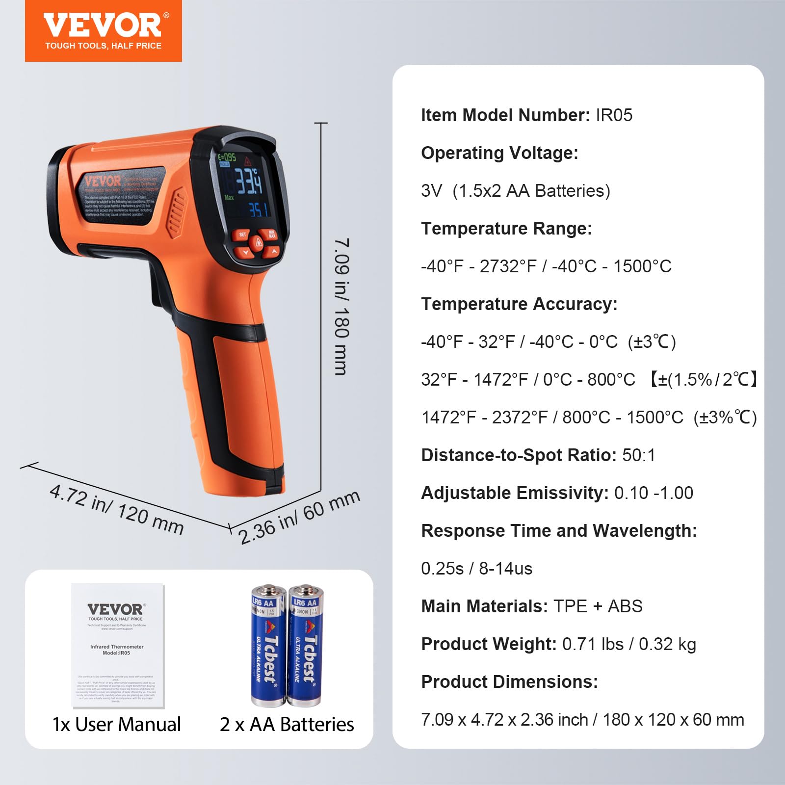 Foto 7 | Termómetro Infrarrojo Vevor -40°c~1500°c Con Pistola De Temperatura Láser Dual - Venta Internacional.