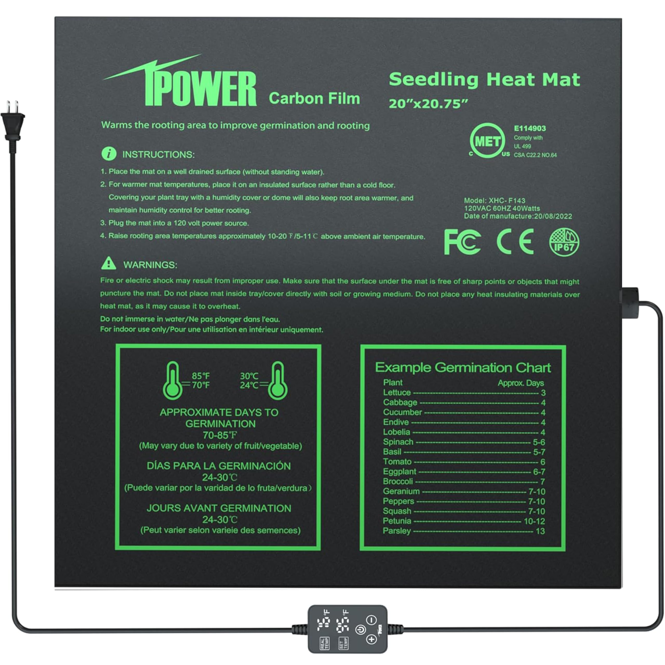 Foto 1 | Alfombrilla Térmica Ipower Para Plántulas, 20 X 20,75 Cm, Con Controlador De Temperatura - Venta Internacional.