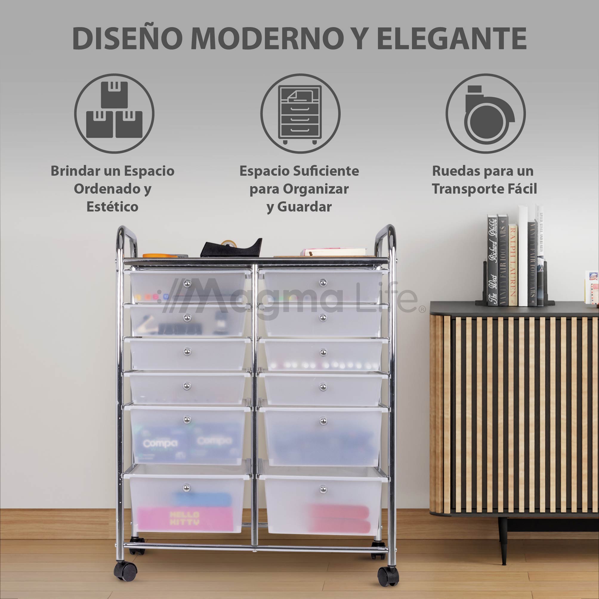 Foto 7 pulgar | Magma Life Carrito Organizador Con 12 Cajones Y Ruedas, Resistente Organizador Multifuncional Hecho De Pp Y Estruc