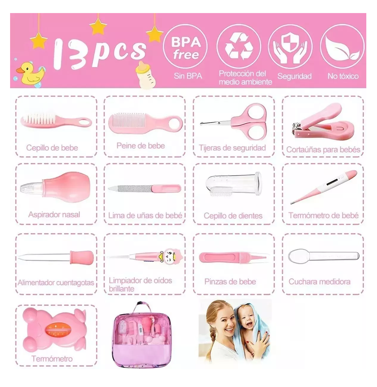 Foto 2 | Kit De Higiene Cuidado Del Bebé 13 Pcs Termómetro Salud Manicure, Rosa