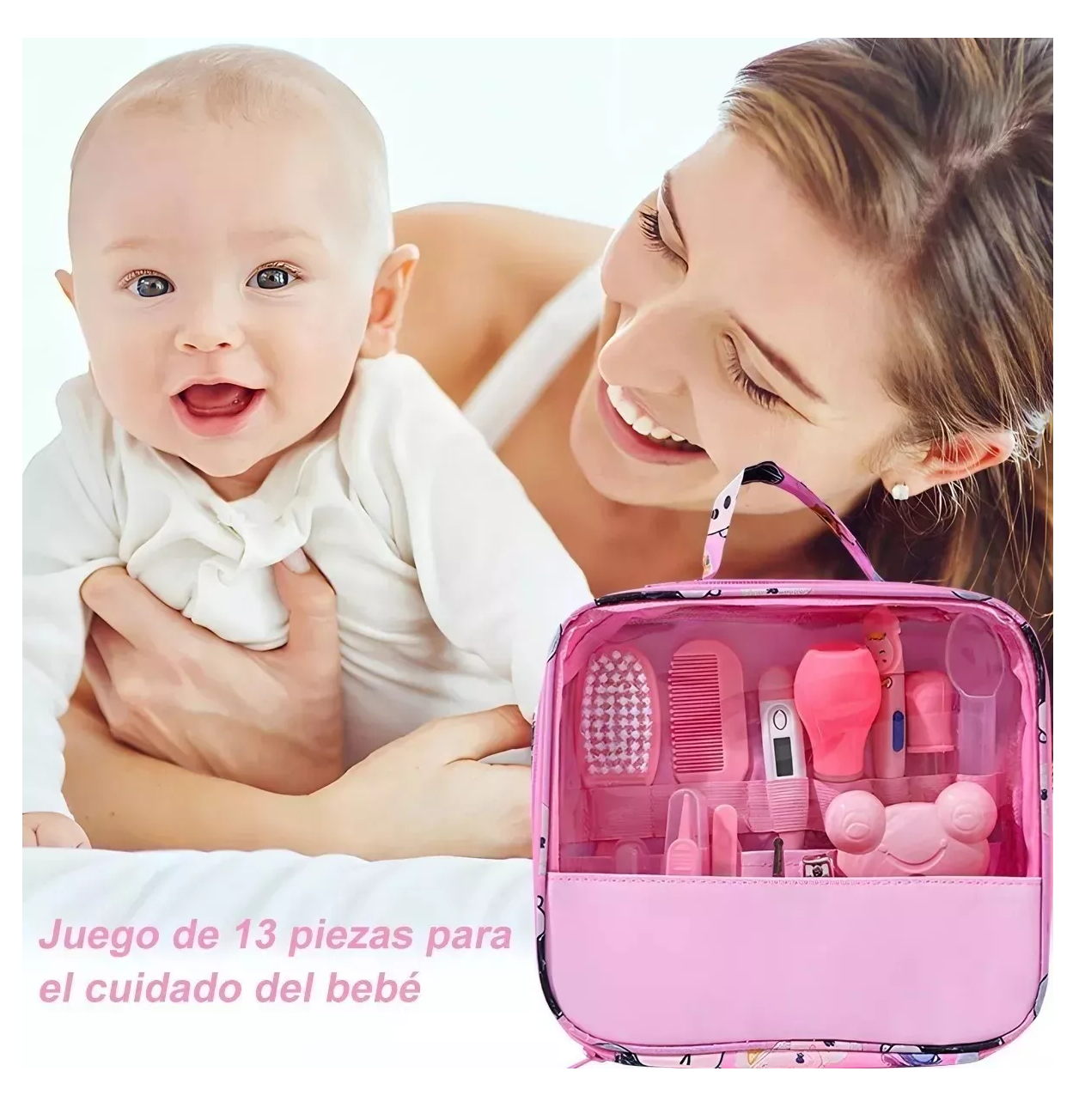 Foto 5 pulgar | Kit De Higiene Cuidado Del Bebé 13 Pcs Termómetro Salud Manicure, Rosa