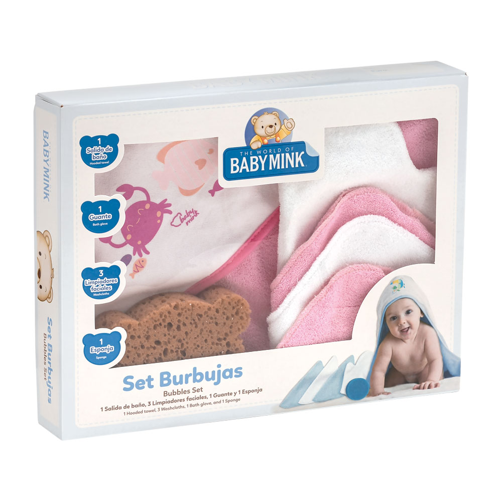 Set Burbujas Con Toalla Y Accesorios Baby Mink Bm324 Rosa Arrecife (toalla Con Capucha, Toallitas, Guante Y Esponja)