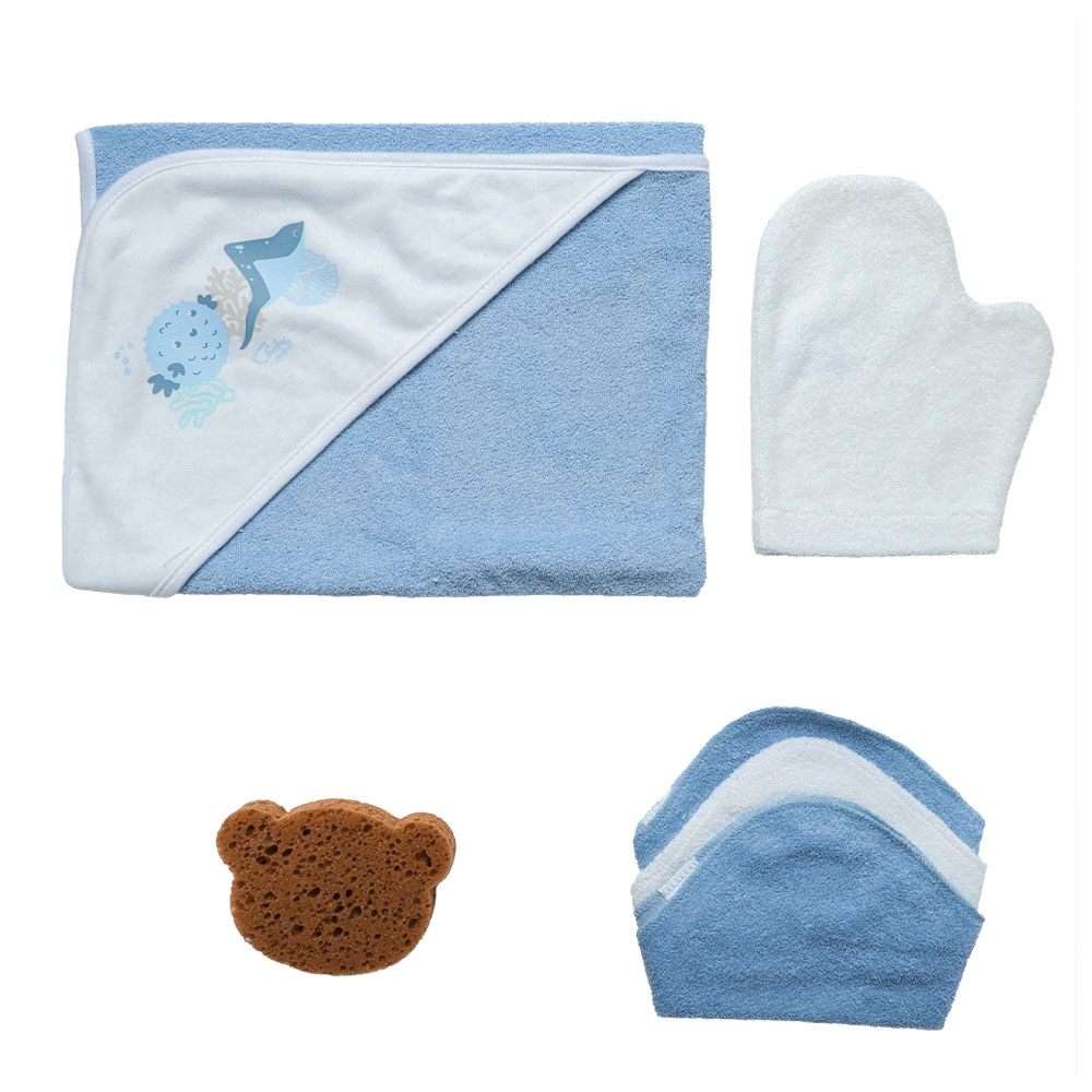 Foto 4 pulgar | Set Burbujas Con Toalla Y Accesorios Baby Mink Bm324 Azul Pez Globo (toalla Con Capucha, Toallitas, Guante Y Esponja)