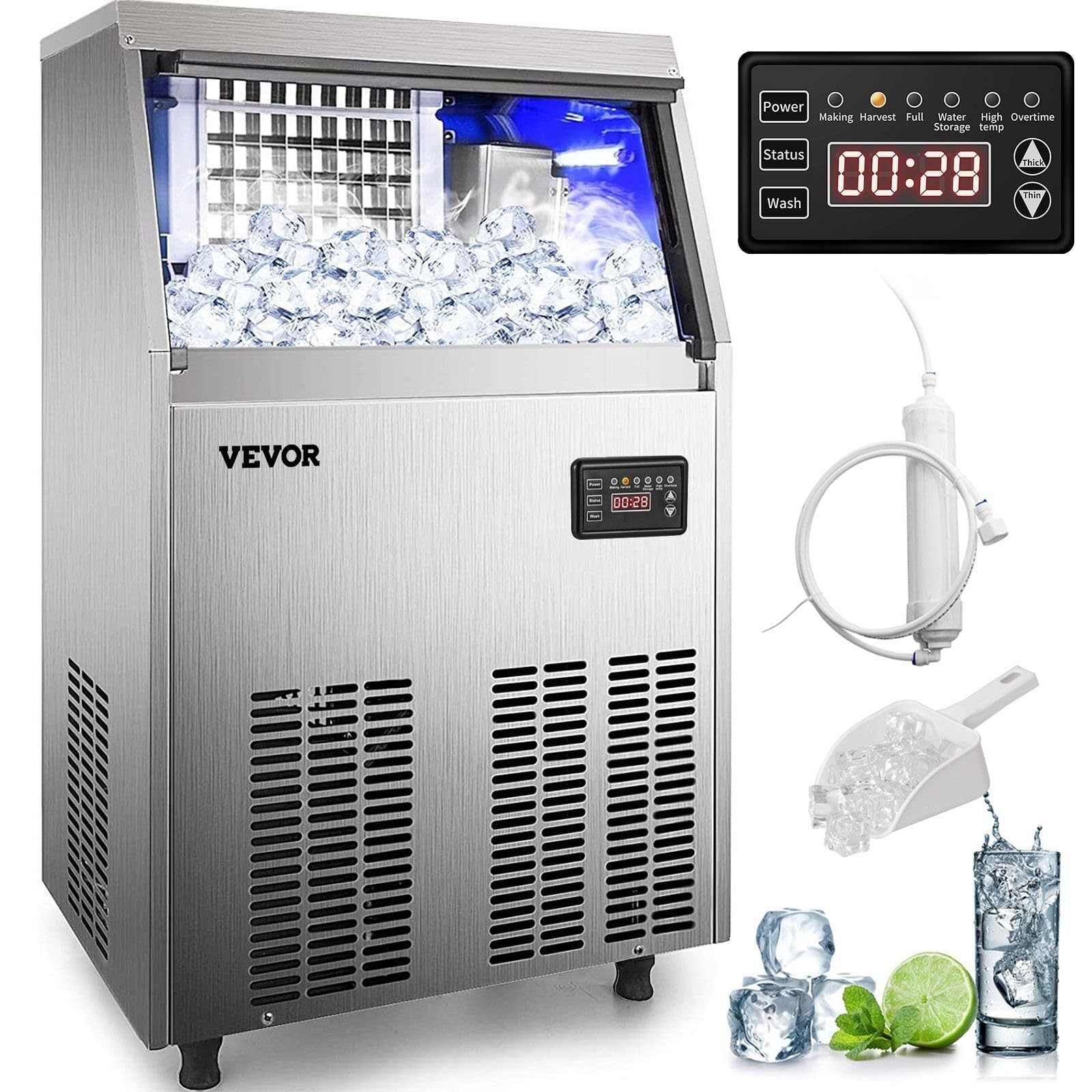 Máquina De Hielo Vevor, 110 V, Comercial, 50-55 Kg/24 Horas, 15 Kg De Almacenamiento - Venta Internacional.