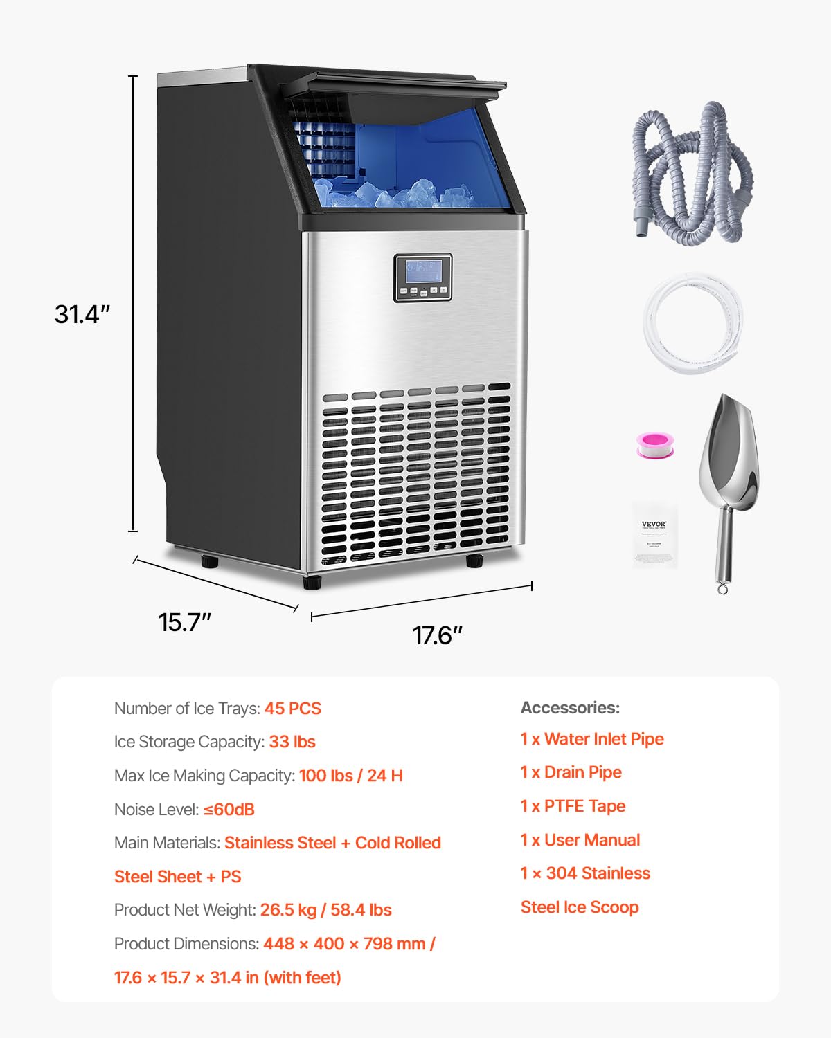 Foto 8 pulgar | Máquina De Hacer Hielo Vevor Commercial 100 Kg/24 H Con 15 Kg De Almacenamiento - Venta Internacional.