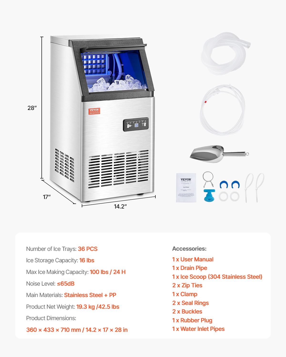 Foto 8 pulgar | Máquina De Hacer Hielo Vevor Commercial 100 Kg/24 H Con 7,3 Kg De Almacenamiento - Venta Internacional.
