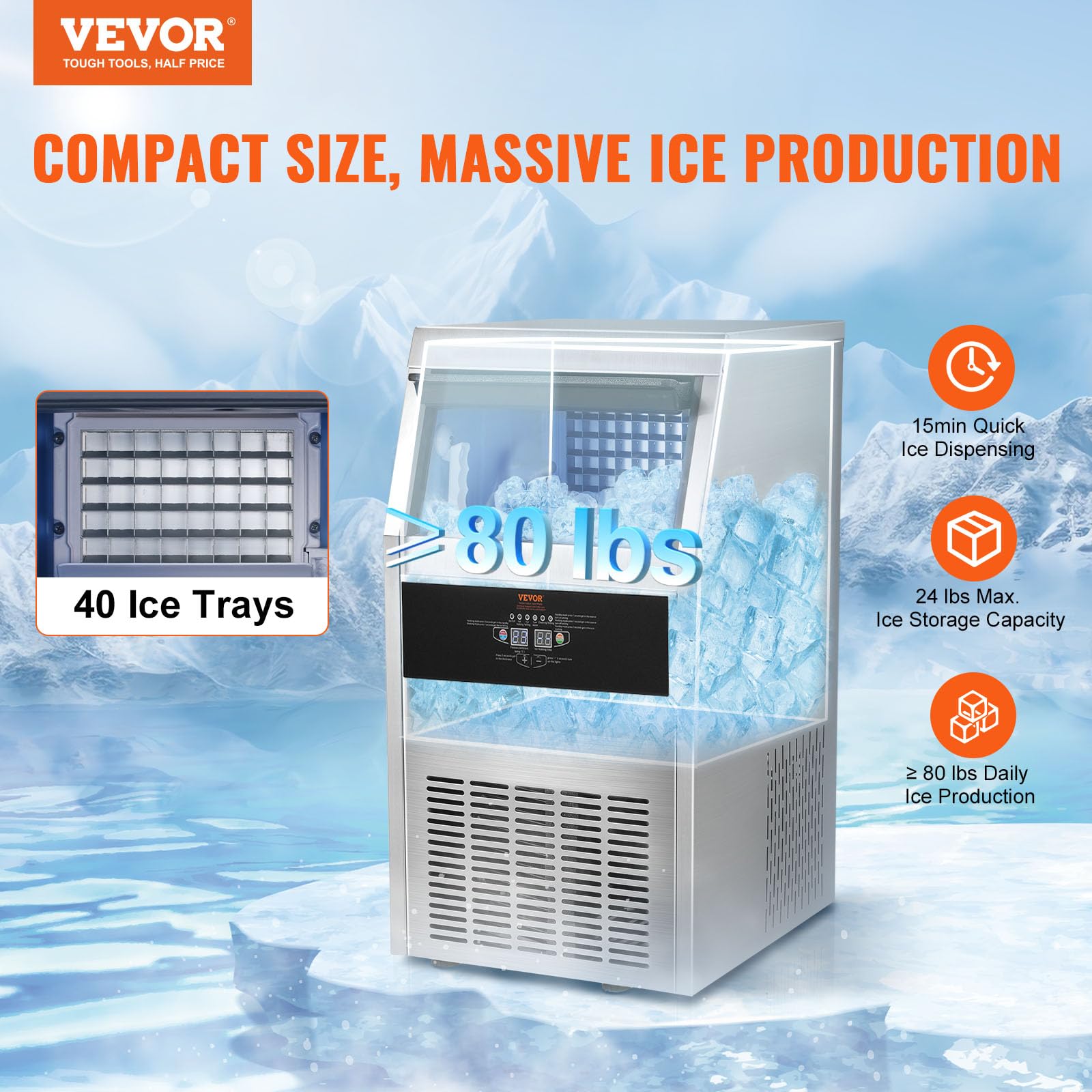 Foto 3 pulgar | Máquina De Hielo Vevor Commercial 80 Libras/24 Horas, 40 Cubitos De Hielo, 12-15 Min - Venta Internacional.