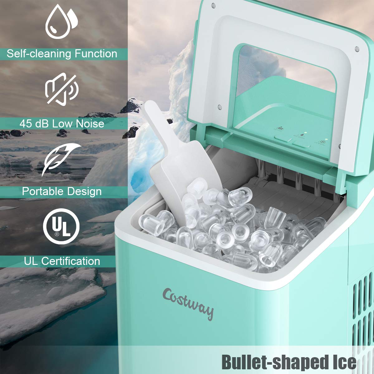 Foto 4 pulgar | Máquina De Hielo Para Encimera Costway, 26 Libras/24 Horas, Autolimpiante, Verde - Venta Internacional.
