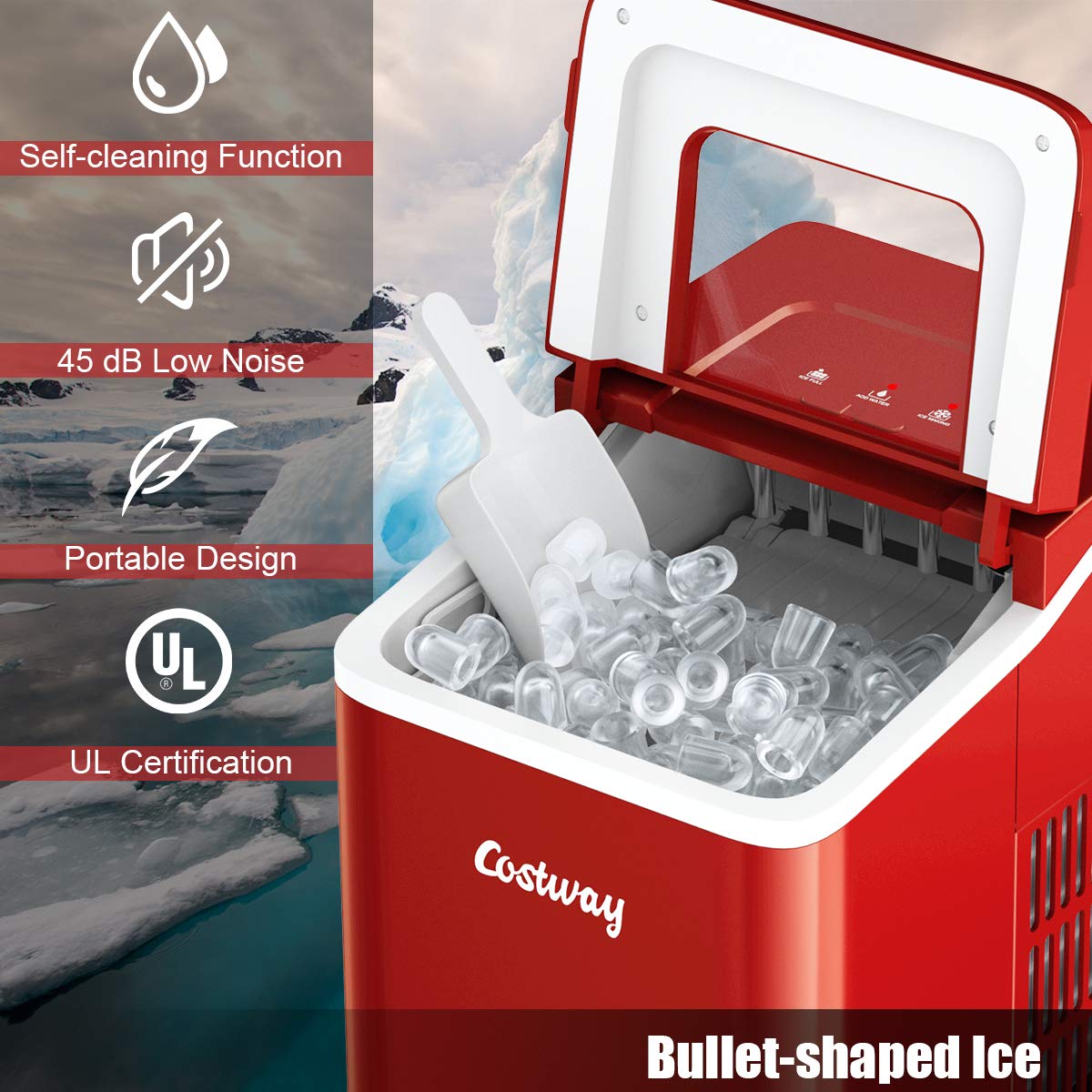 Foto 3 | Máquina De Hielo Para Encimera Costway, 26 Libras/24 Horas, Autolimpiante, Roja - Venta Internacional.