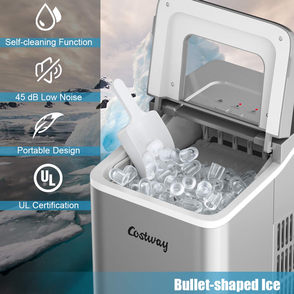 Foto 5 pulgar | Máquina De Hielo Para Encimera Costway, 26 Libras/24 Horas, Autolimpiante, Plateada - Venta Internacional.