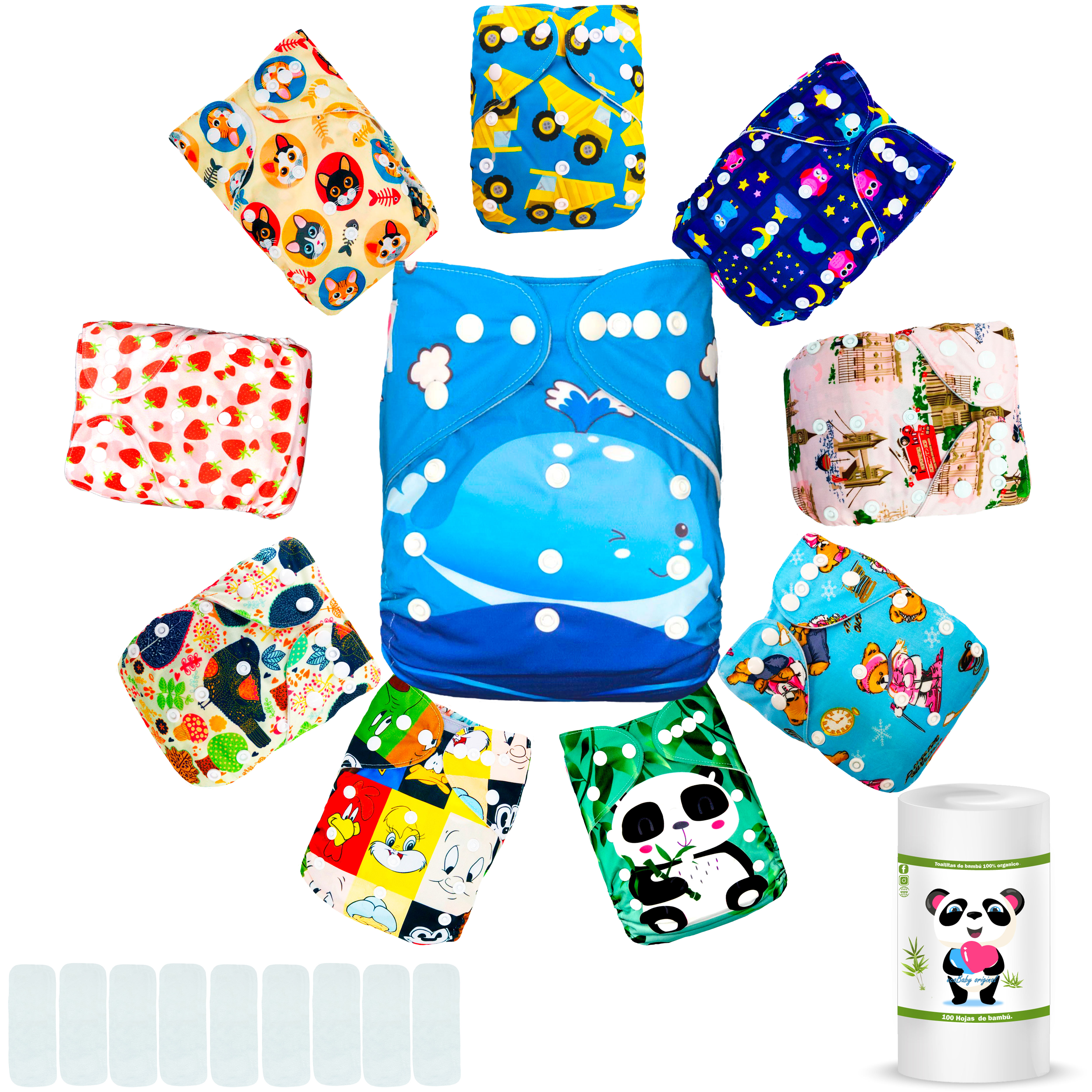 Paquete Pañales Ecológicos Ecobaby Original PACK21 Multicolor de Tela Estampados 10 Insertos más Rollo