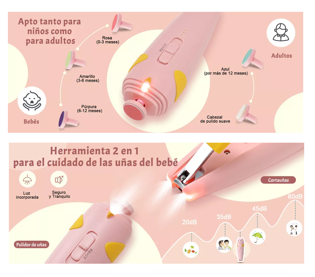 Foto 3 pulgar | Lima de Uñas y Cortaúñas Recargable para Bebé con Led Rosa 15 Piezas
