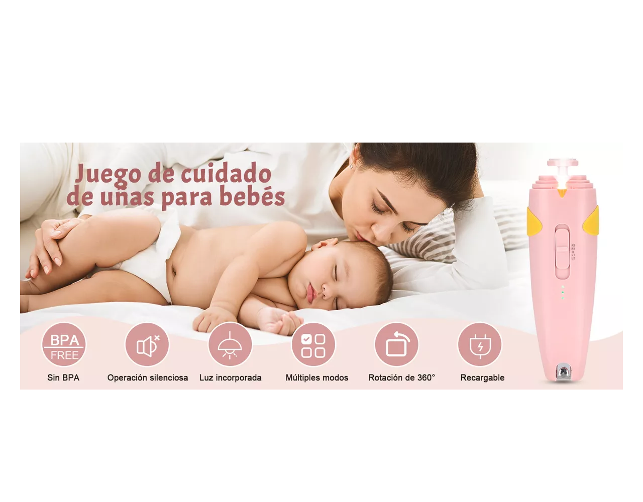 Foto 4 pulgar | Lima de Uñas y Cortaúñas Recargable para Bebé con Led Rosa 15 Piezas