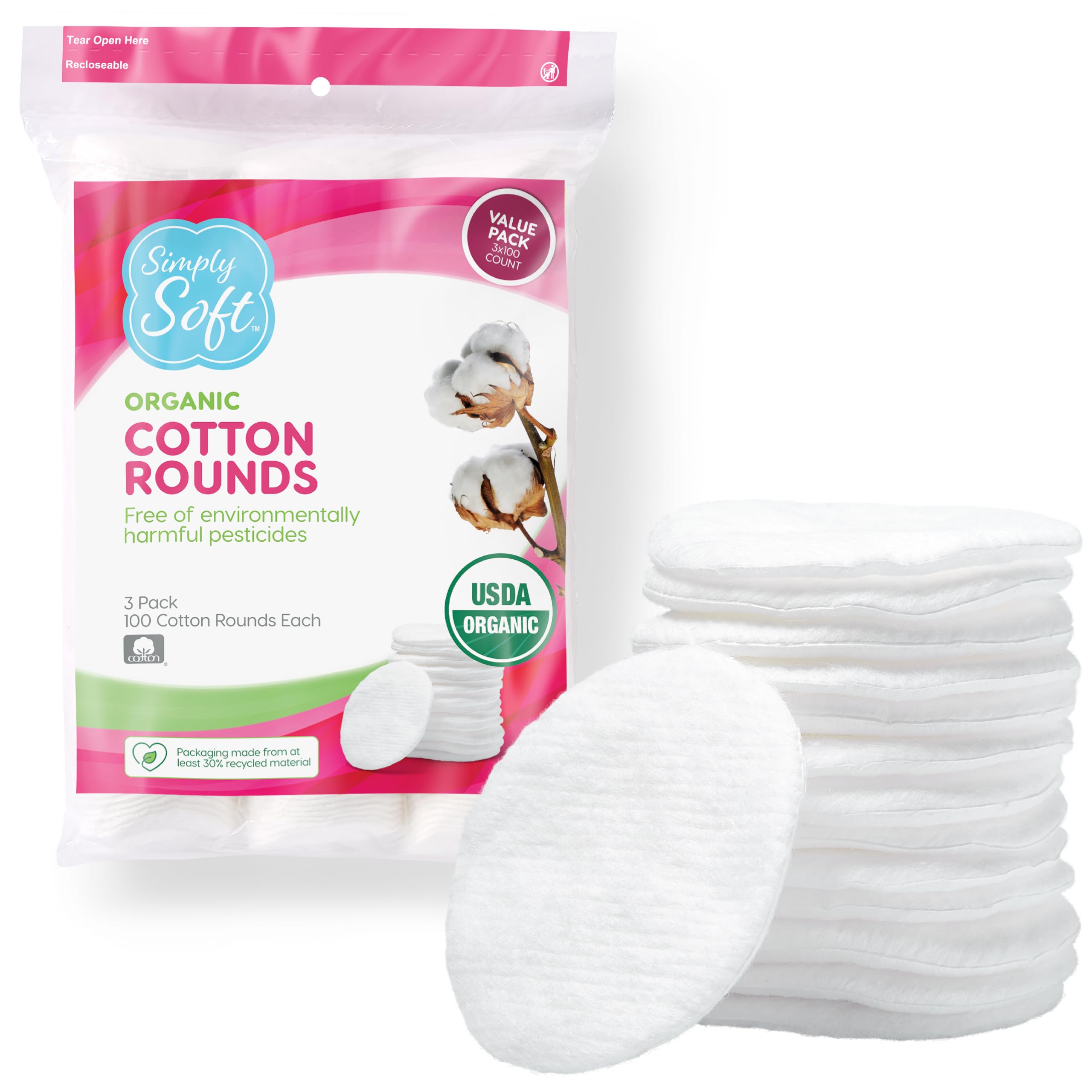 Foto 2 pulgar | Cotton Rounds Medline Simply Soft Premium Organic 300 Almohadillas - Venta Internacional.
