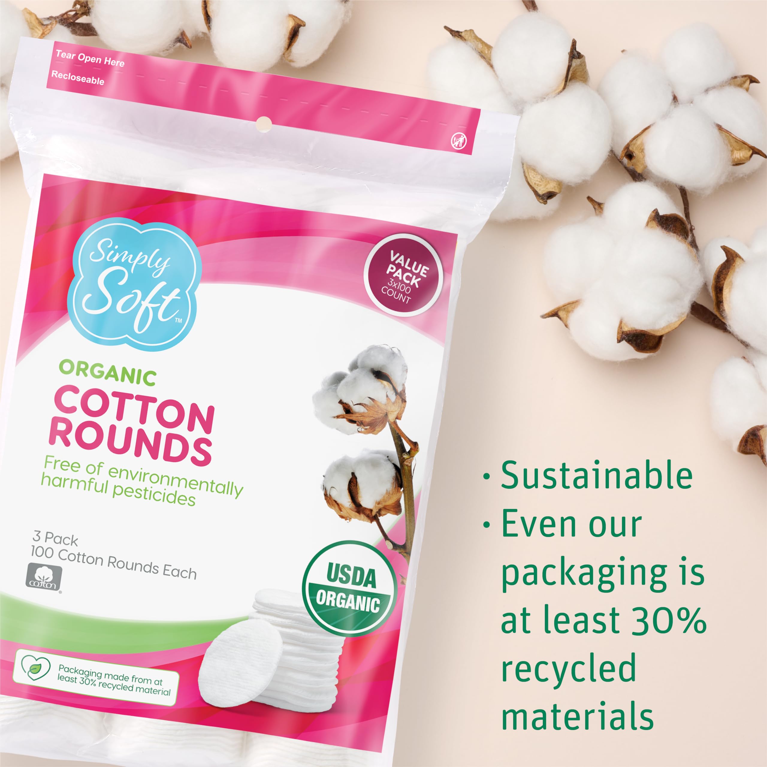 Foto 8 pulgar | Cotton Rounds Medline Simply Soft Premium Organic 300 Almohadillas - Venta Internacional.