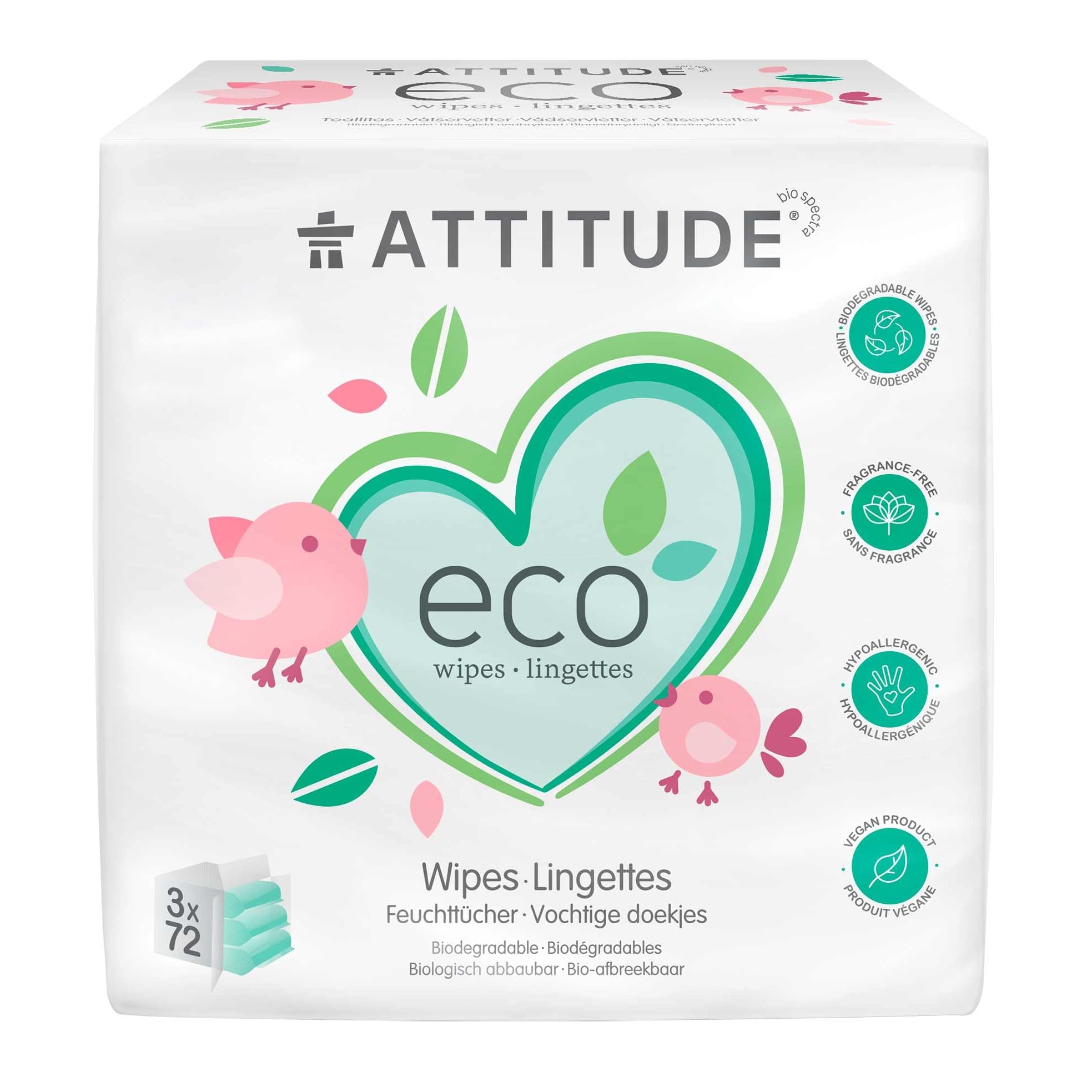 Toallitas Attitude Eco Sin Perfume 216 Biodegradables 20x16 Cm - Venta Internacional.