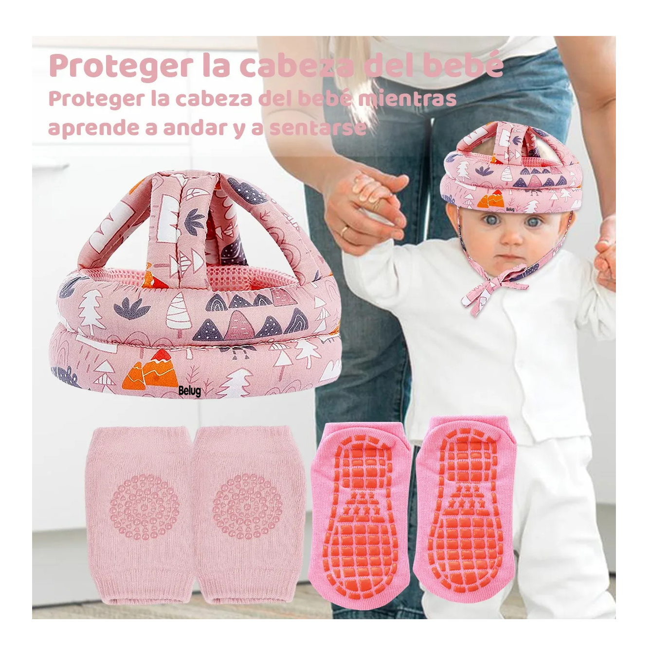Foto 6 pulgar | Cascos Para Bebes Antigolpes Seguridad Bebes + Rodilleras + Calcetines Rosa