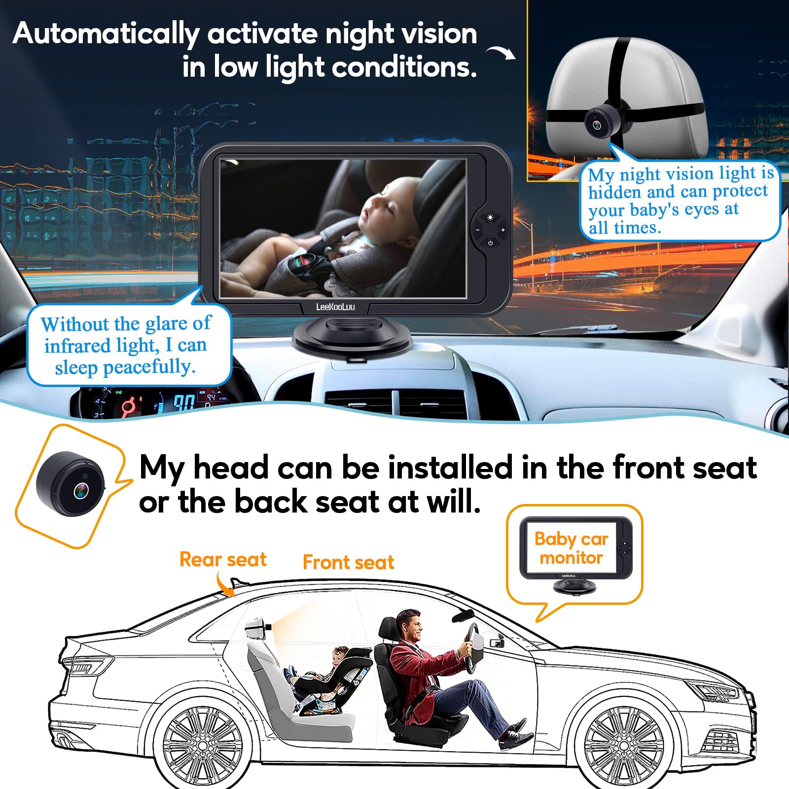 Foto 6 pulgar | Cámara De Coche Para Bebé Leekooluu 1080p Hd Con Visión Nocturna 360° Rot. - Venta Internacional.