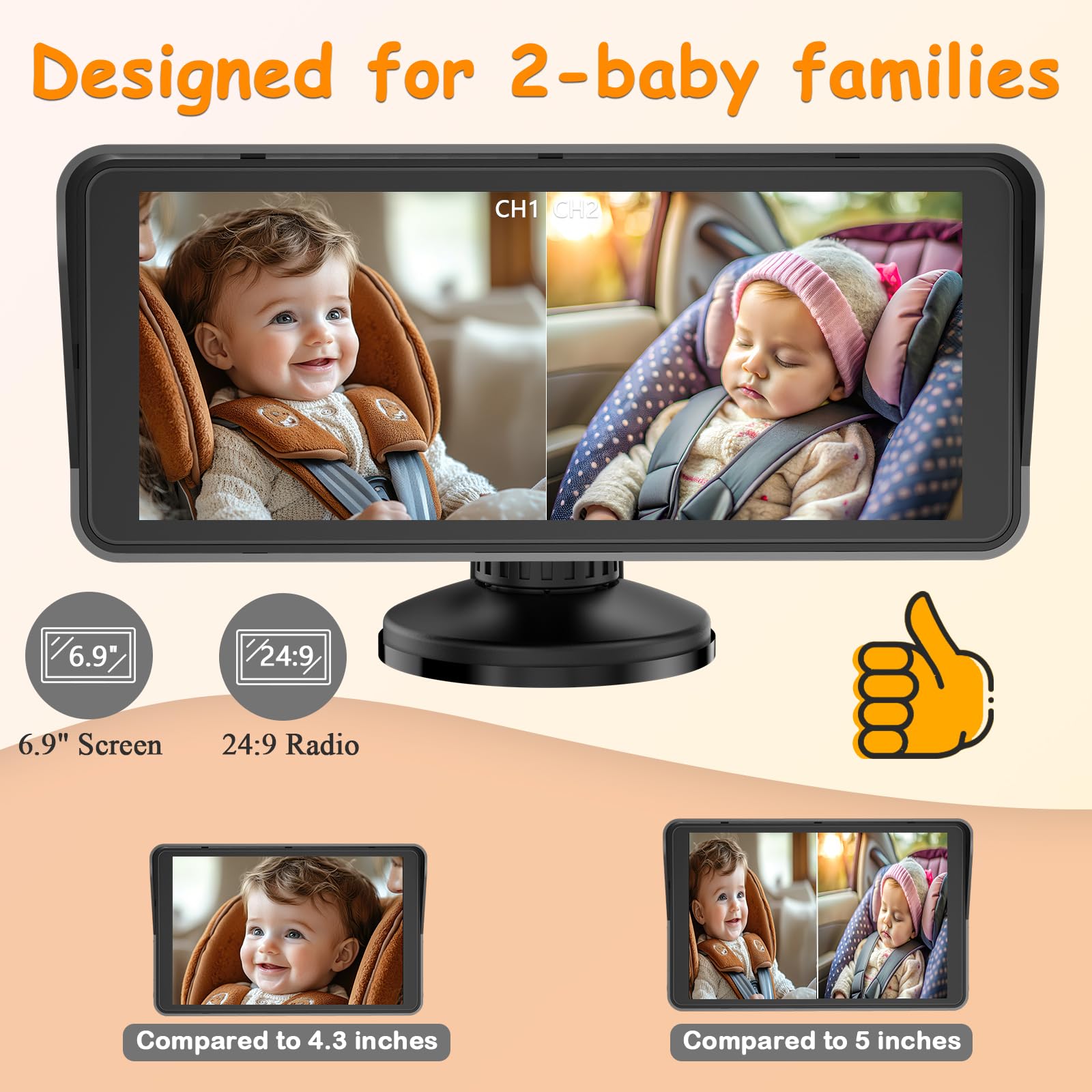 Foto 3 | Cámara De Coche Para Bebés Yakry 2-kids Con Pantalla Dividida Hd 1080p De 6,9 Pulgadas - Venta Internacional.