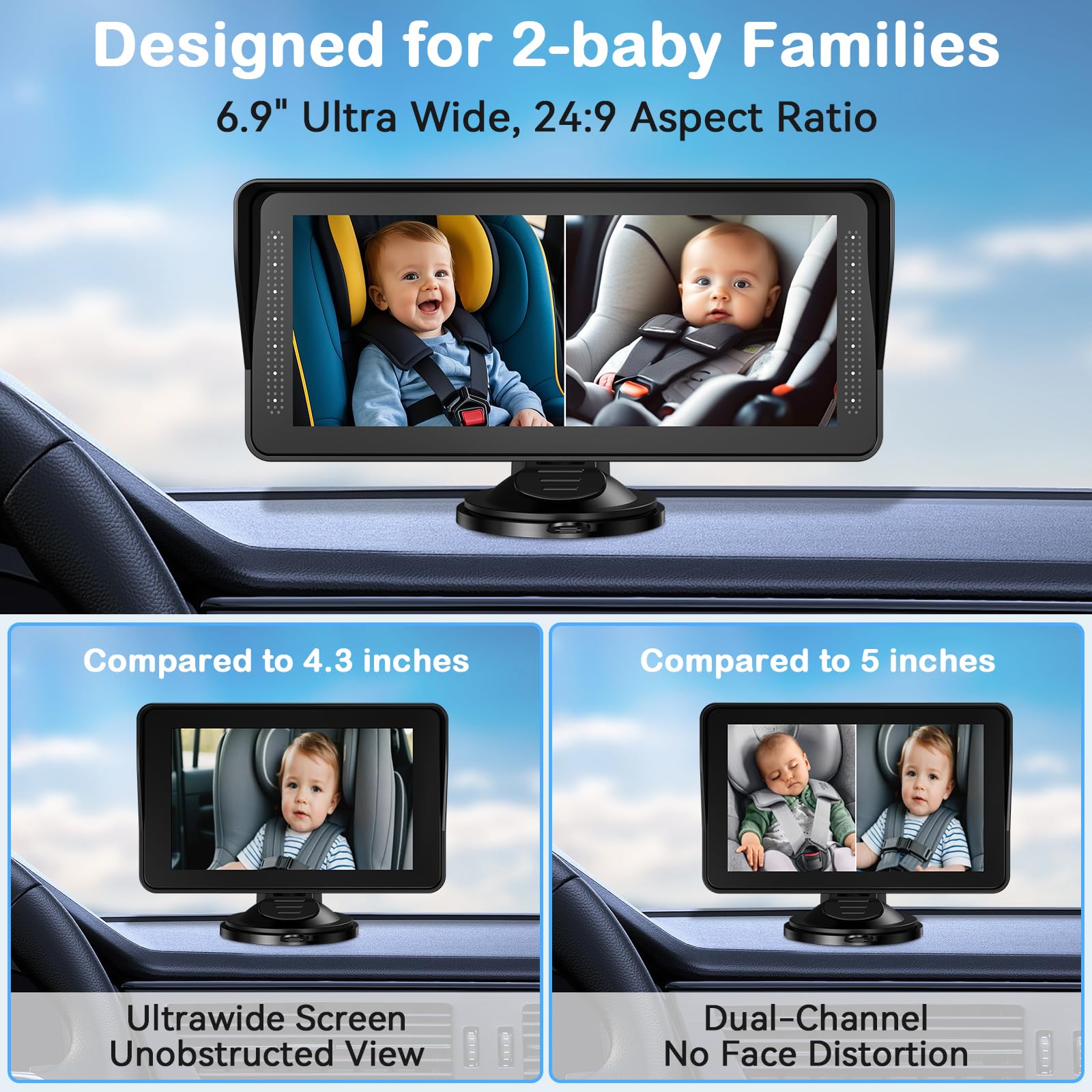 Foto 3 pulgar | Cámara Doble Amtifo Para Coche De Bebé Para 2 Niños Con Pantalla Hd De 6.9 Pulgadas - Venta Internacional.
