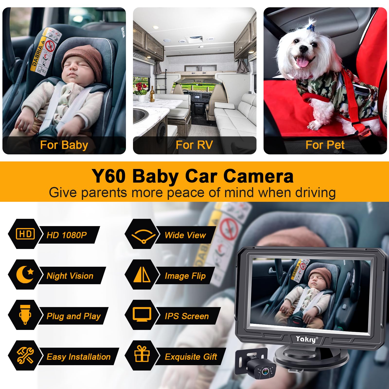Foto 8 pulgar | Cámara De Coche Para Bebés Yakry Y60 Hd 1080p Con Visión Diurna Y Nocturna - Venta Internacional.