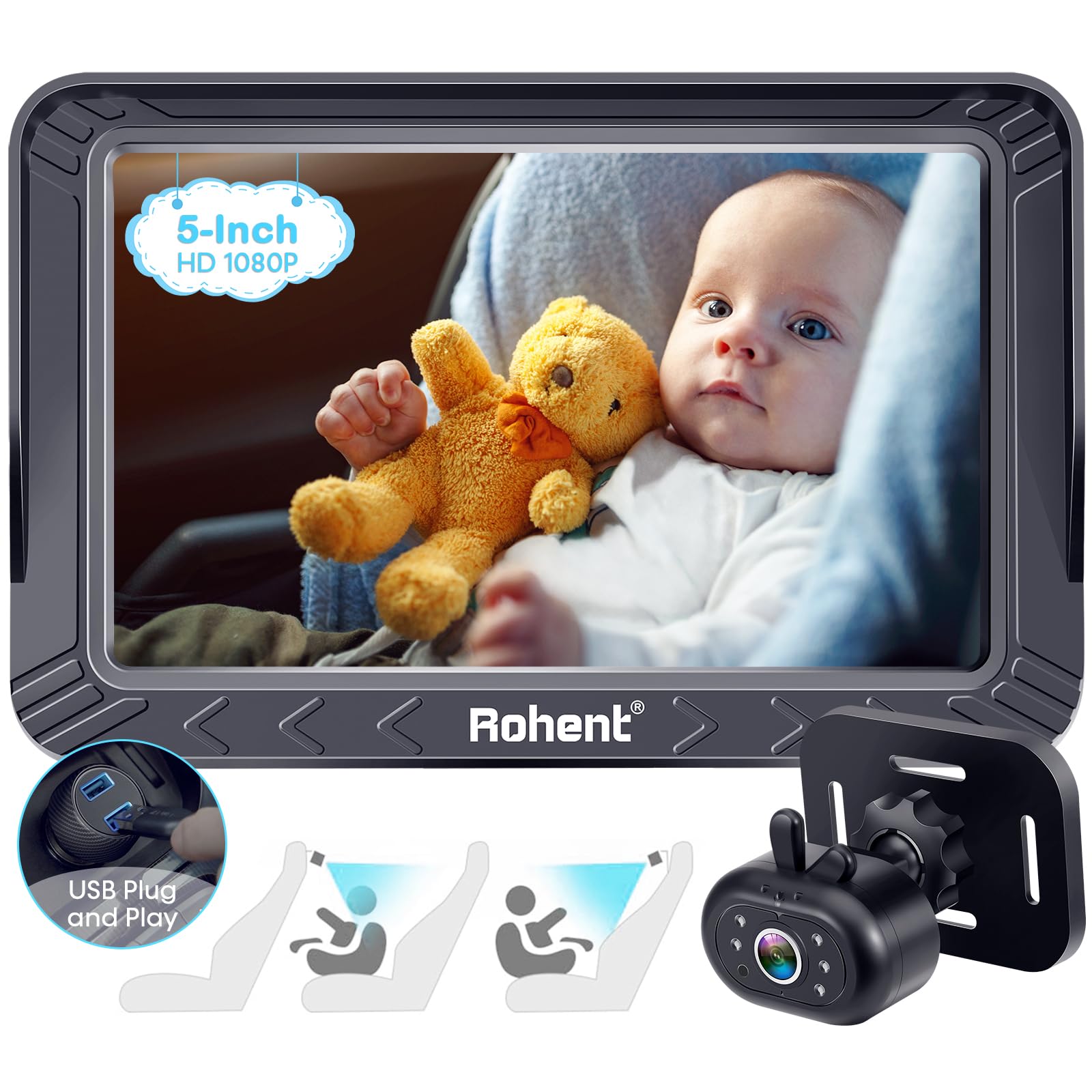 Foto 1 | Cámara De Coche Para Bebés Rohent Usb Hd 1080p De 5 Pulgadas Con Visión Nocturna - Venta Internacional.
