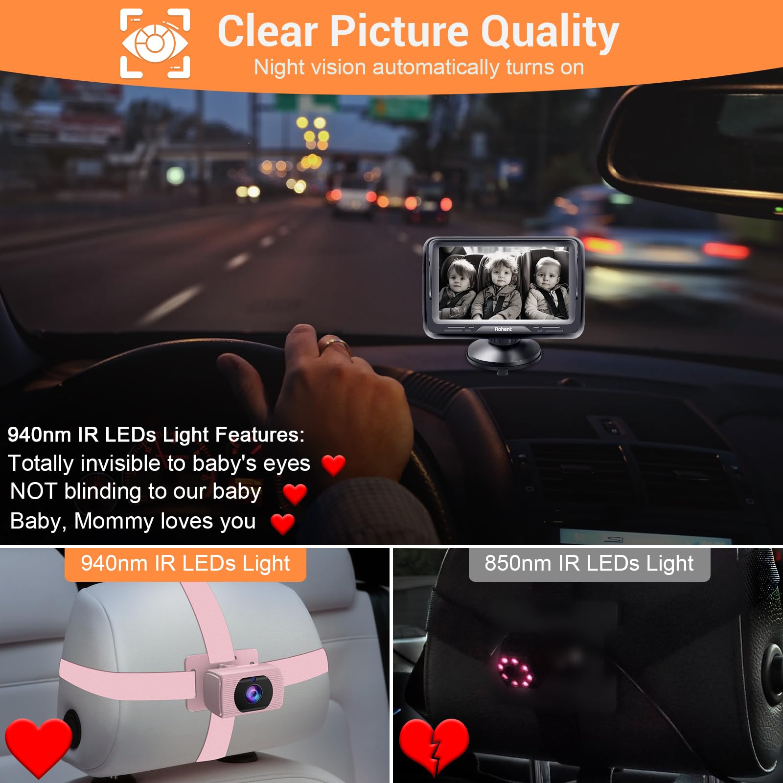 Foto 2 | Cámara De Coche Para Bebés Rohent Pink 1080p Hd Con Visión Nocturna 360° - Venta Internacional.
