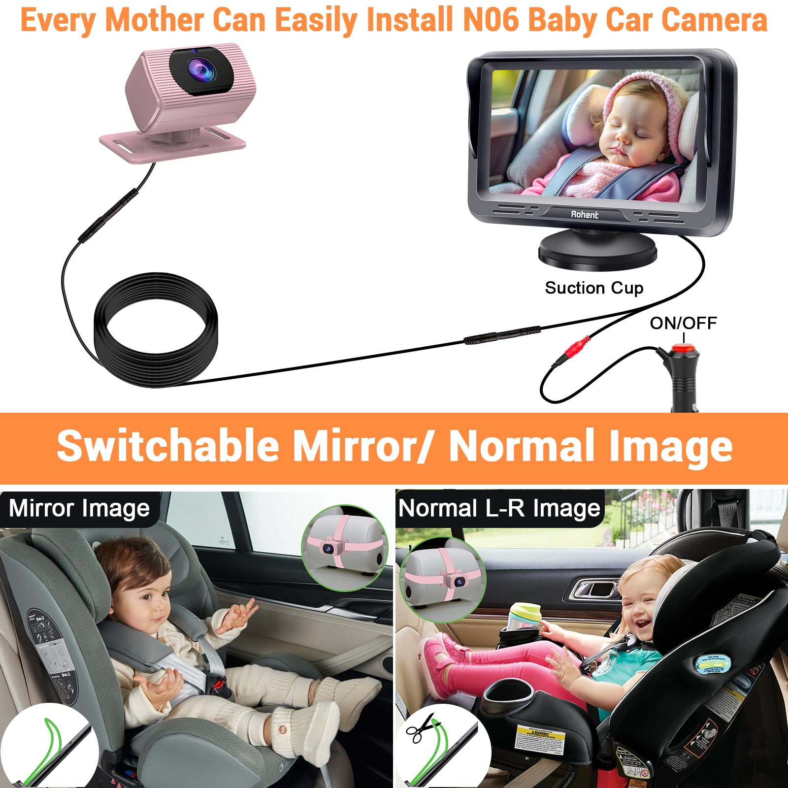 Foto 3 | Cámara De Coche Para Bebés Rohent Pink 1080p Hd Con Visión Nocturna 360° - Venta Internacional.