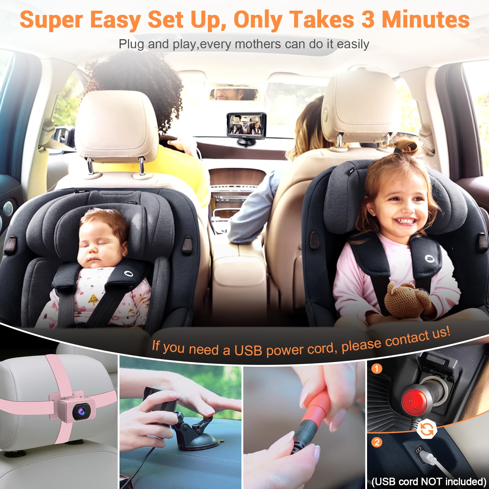 Foto 5 pulgar | Cámara De Coche Para Bebés Rohent Pink 1080p Hd Con Visión Nocturna 360° - Venta Internacional.