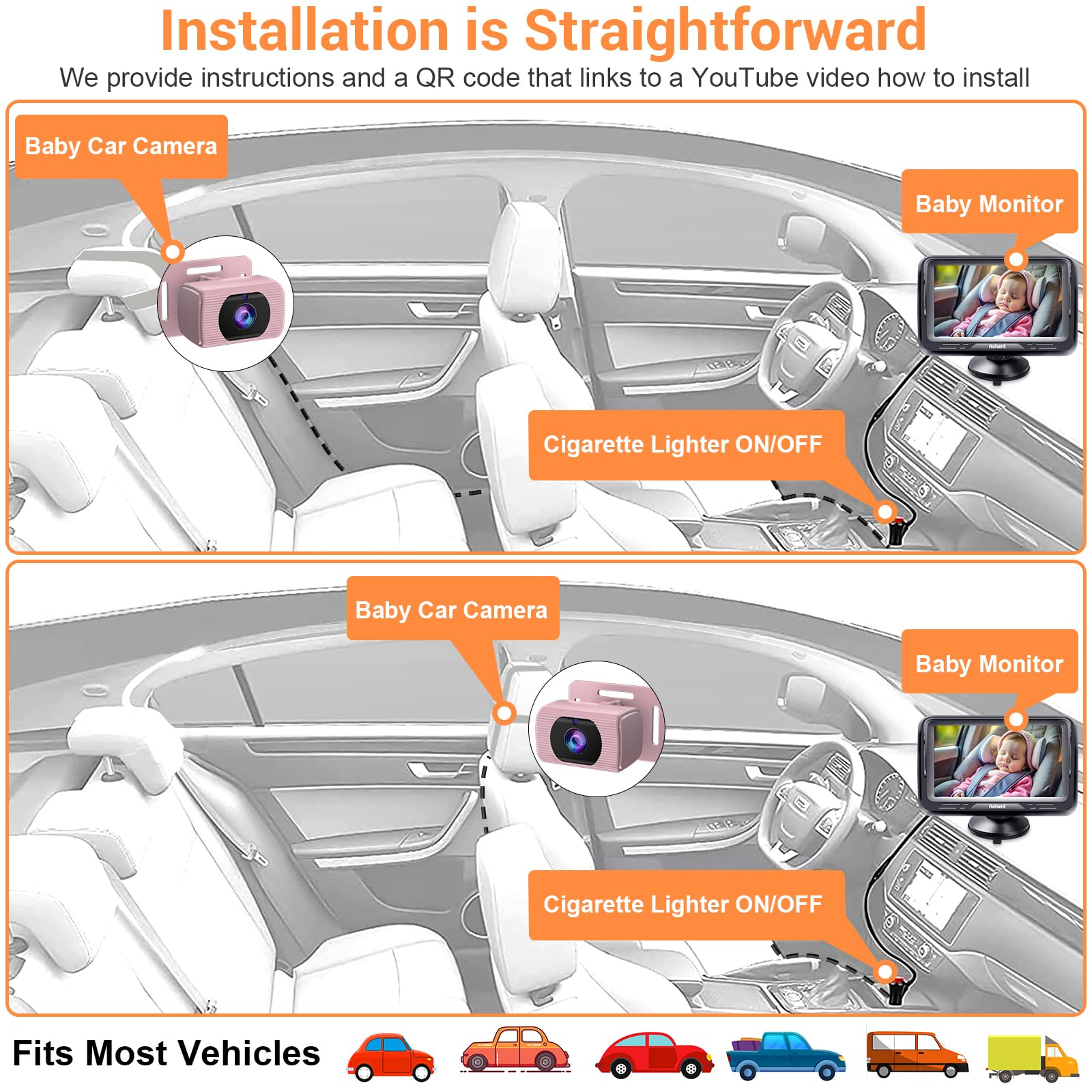 Foto 6 pulgar | Cámara De Coche Para Bebés Rohent Pink 1080p Hd Con Visión Nocturna 360° - Venta Internacional.